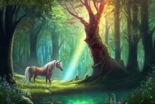 Illustration Of Horse,unicorn In Fantasy Forest. Digital Art Painting Rough Style. Generative AI.