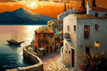 Wall Mural - painting style illustration of seaside cityscape with ocean view in evening time, inspired from Greece Generative Ai