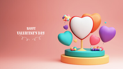 Canvas Print - Happy Valentine's Day Concept, 3D Render of Colorful Heart Shapes And Balloons On Podium Over Pastel Red Background.