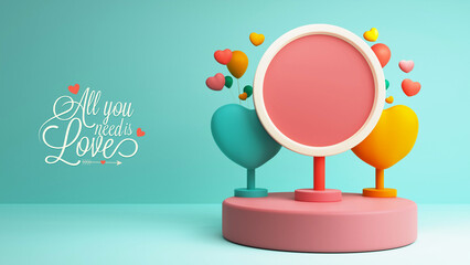 Canvas Print - Happy Valentine's Day Concept, 3D Render of Image Placeholder Circular Frame And Heart Shape Stands On Podium.