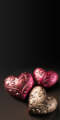 Poster - 3D Render Of Bronze And Copper Ethnic Hearts Shapes. Valentine's Day Concept.