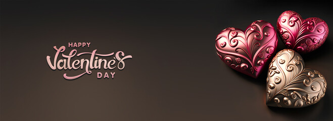 Sticker - Happy Valentines Day Text With 3D Render Of Bronze And Copper Ethnic Hearts Shapes.