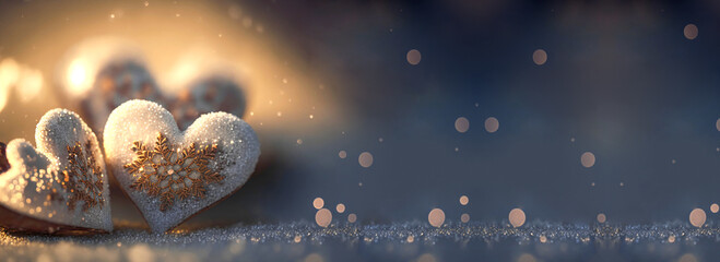 Canvas Print - 3D Render of Shiny Glittery Hearts With Golden Snowflakes On Bokeh Background. Love Concept.