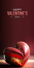 Poster - Happy Valentine's Day Text With 3D Render, Shiny Red Heart Shape Metal Box On Golden Glittery Background.