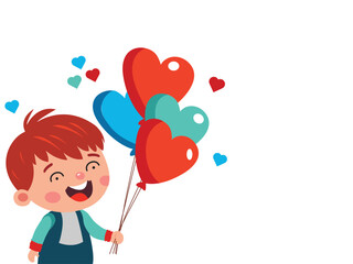 Canvas Print - Cheerful Boy Character Holding Heart Shape Balloons On White Background. Valentine's Day Concept.