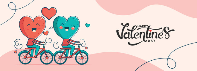 Wall Mural - Happy Valentine's Day Banner Design, Two Hearts Character Riding On Their Bicycle Over Pastel Pink Background.