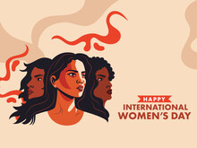 Happy International Women's Day Concept With Three Young Women Characters On Peach Background.
