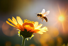 A Close-up Of A Bee Hovering Over A Flower, With The Sun Shining Down On The Bee And Flower In The Background