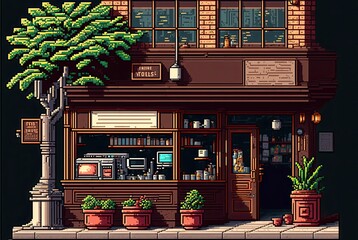 Pixel art coffee shop in park with trees, facade of old coffee shop, background in retro style for 8 bit game, Generative AI	