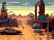 Pixel art destroyed city in post-apocalyptic world, background in retro style for 8 bit game, Generative AI