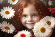 A portrait of a smiling ginger haired little  girl with freckles with daisies around her. Created with Generative AI, no one recognisable. Not a real person.