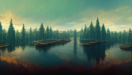 Wall Mural - a lake in the shape of logs in the middle of a forest serving as a metaphor for the sustainable timb