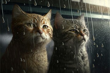 two sad cats in the rain, city slums in background illustration generative ai