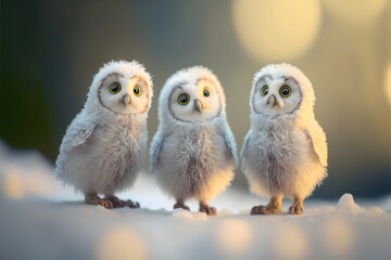 Little cute owl on the snow. Generative AI.