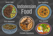 Indonesian food. A set of classic dishes. Cartoon hand drawn illustration.