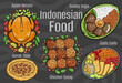 Indonesian food. A set of classic dishes. Cartoon hand drawn illustration.