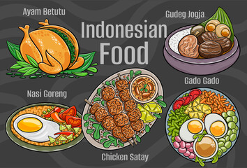 Indonesian food. A set of classic dishes. Cartoon hand drawn illustration.