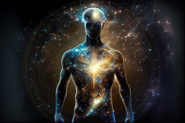 Wall Mural - astral body silhouette with abstract space background. esoteric, spiritual life and meditation conce
