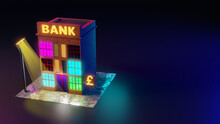 3D Rendering Of A Bank Building On A Dark Background With A Neon Sign And A Pound Sign, Next To It Is A Shining Lantern. Bank With ATM For Online Services. Evening Street Scene Of A Bank With An ATM.