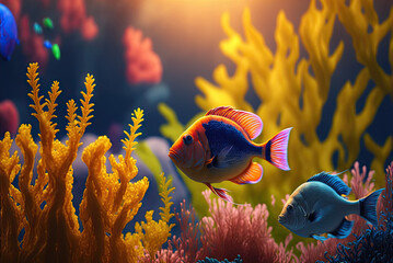 Wall Mural - Colorful tropical fish swimming in ocean. Generative AI
