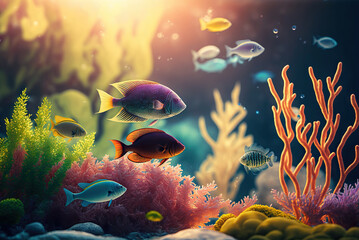 Wall Mural - Colorful tropical fish swimming in ocean. Generative AI