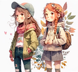 Wall Mural - Two cute anime teens girls in autumn clothes. Watercolor illustration