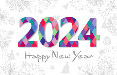 Wall Mural - 2024 A Happy New Year creative greeting card. modern number 20 24 and holiday background with drawn style isolated graphic elements. Pattern with vector mask. Banner design.