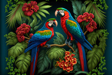 Tropical Rainforest With Macaw Parrot Bird With Palm Leaves And Flowers, 3D Rendering