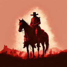 Cowboy Riding Horse, Sunset. Generative AI