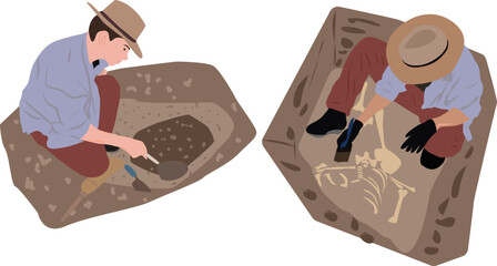 Archaeologist Sitting on Ground and Sweeping Dirt from Bone of Skeleton Using Brush, Paleontology Scientist Character Working on Excavations with Historical Artifacts Flat Vector. Flat vector illustra