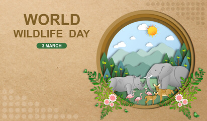 wild animals and natural botanical paper art style with copy space, environment conservation, sustai