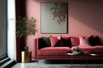A chic and uncomplicated living space, Raspberry Blush in color, generative ai, and photorealistic in appearance to represent a painting hanging on the wall.