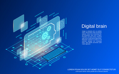 Wall Mural - Digital brain, artificial intelligence, innovation technology flat 3d isometric vector concept illustration