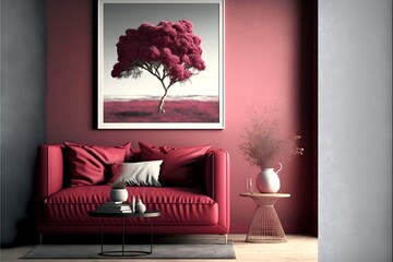 A chic and uncomplicated living space, Raspberry Blush in color, generative ai, and photorealistic in appearance to represent a painting hanging on the wall.