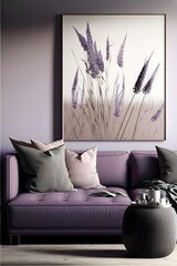 A chic and uncomplicated living space, Lavender color in color, generative ai, and photorealistic in appearance to represent a painting hanging on the wall.