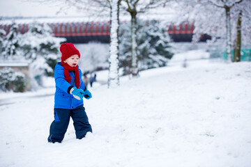 Poster - Beautiful toddler child, cute boy, playing in snowy park winter time