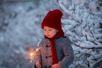 Poster - Beautiful toddler child, cute boy, playing in snowy park winter time