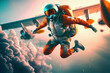 Parachuting. Paratroopers or parachutist free-falling and descending with parachutes. Action sport. Generative AI. Sky