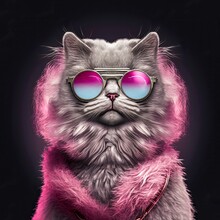 Fashion Cat With Pink Sunglasses And A Pink Fur Coat On A Black Background., Cat In Pink Glasses