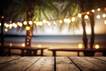 Wooden table top in a beach bar, blurred light bokeh, cafe, restaurant background. Generative AI