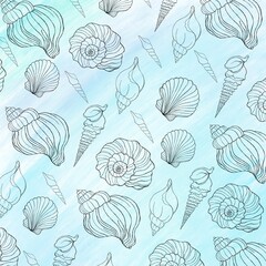 Naklejka na meble Hand drawn illustrations - seamless pattern of seashells on watercolor background. Marine background. Perfect for invitations, greeting cards, posters, prints, banners, flyers etc