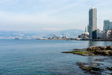 Wall Mural - Corniche Boulevard in the Raouche. Residential and Commercial Neighborhood in Beirut. Lebanon. Popular Tourist Destination in Beirut. 