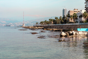 Wall Mural - Corniche Boulevard in the Raouche. Residential and Commercial Neighborhood in Beirut. Lebanon. Popular Tourist Destination in Beirut. 