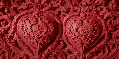 Wall Mural - Red heart shaped candy, ornate, intricate, on red background. Generative AI