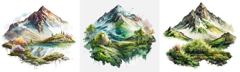 Wall Mural - minimalistic mountain landscape with watercolor brush and texture in traditional oriental, japanese 