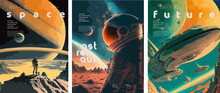 Space, Science Fiction, Future. Vector  Illustrations Of Astronaut, Galaxy, Planet, Moon, Space Objects For Poster, Background Or Cover