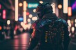 Standing dark samurai on the street with blurred neon lights at night on background. Generative Ai.