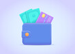 Wallet, plastic credit card, paper banknote, coin and shield vector illustration. Purse icon 3d. Money transfer, online payment concept for landing page, web, mobile app, poster, banner, flyer.