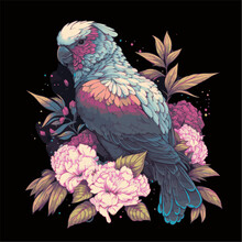 A Cockatoo Parrot Among Flowers On A Dark Background. For T-shirts, Notebooks, Posters, Covers, Covers.