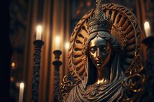  A Statue Of A Woman With A Crown On Her Head And Candles In The Background, In A Church With Gold Walls And Pillars, With A Gold Light From Behind It, A Candle.  Generative Ai